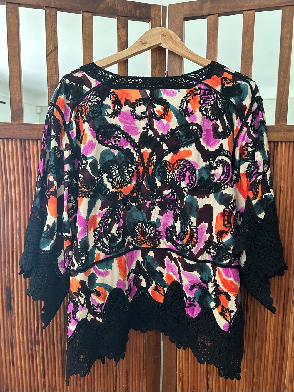 Democracy Floral V-Neck Tunic with Black Crochet Trim in Purple, Orange & Green - Picture 5 of 16